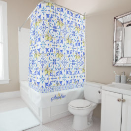 Cortina De Ducha Azulejo Azul Patrón de Limón País Francés Monogram