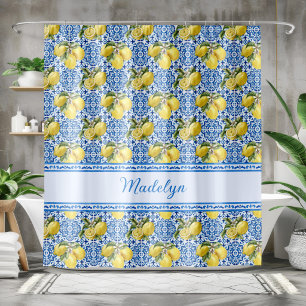 Cortina De Ducha Azulejo Blanco Azul Nombre Patrón Mediterráneo Lim