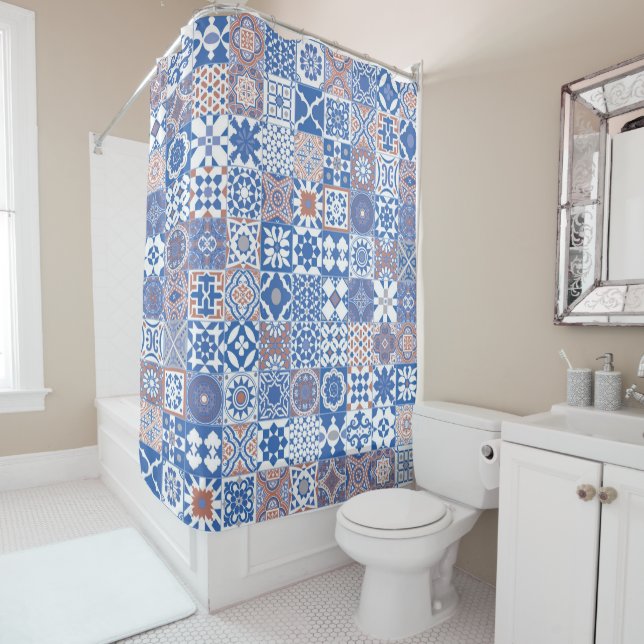 Cortina De Ducha azulejo marroquí azul,marrón (In situ)