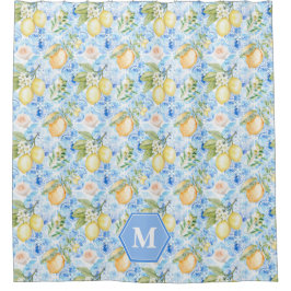 Cortina De Ducha Azulejo Mediterráneo Azul Limoncello Monograma Nom