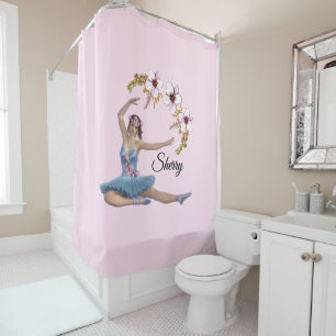 Cortina De Ducha Bailarina de azul sobre nombre personal rosa
