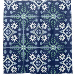 Cortina De Ducha Baldosa marroquí arabesca azul claro blanco