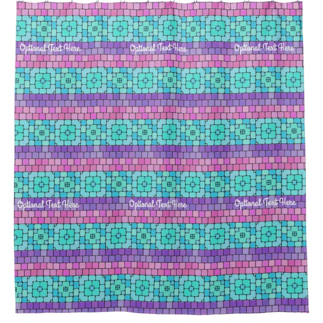 Cortina De Ducha Baldosas de mosaico rosa-turquesa-púrpura - Texto  (Anverso)