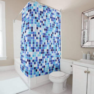 Cortina De Ducha Baldosas de piscina, mosaicos azules, patrón geomé