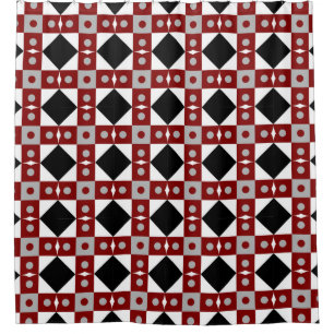 Cortina De Ducha Baldosas geométricas en colores rojo, negro y blan
