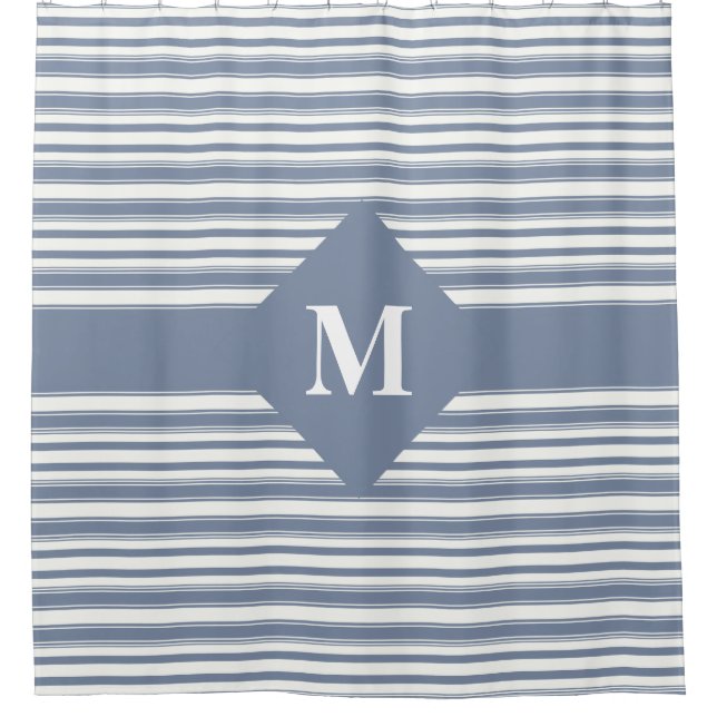 Cortina De Ducha Bandas azul y blanco monogramadas (Anverso)