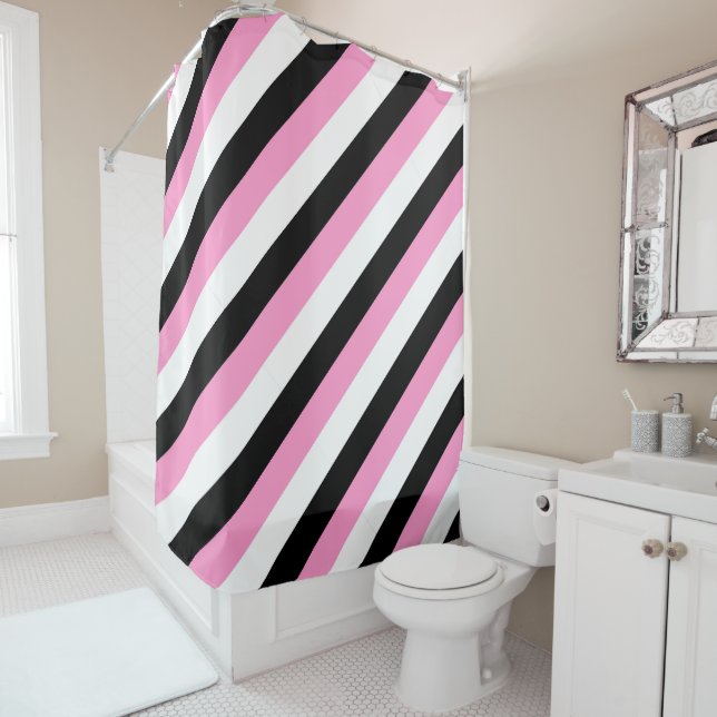 Cortina De Ducha Bandas negras, blancas y rosas (In situ)