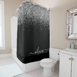 Cortina De Ducha Baño con nombre monograma glitter plateado negro p