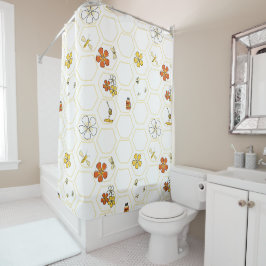 Cortina De Ducha Baño con panal de abeja y abejorro dibujados a man