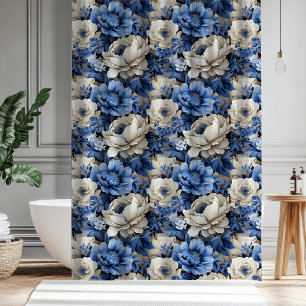 Cortina De Ducha Baño Floral de Lujo Azul Marfil Elegante Ducha