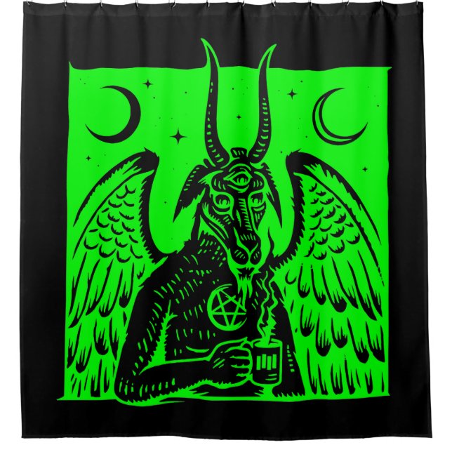 Cortina De Ducha baphomet pentagram luna café demon ácido verde (Anverso)