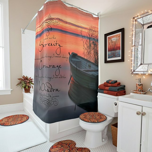 Cortina De Ducha Barco al atardecer con oraciones de serenidad (Subido por el creador)