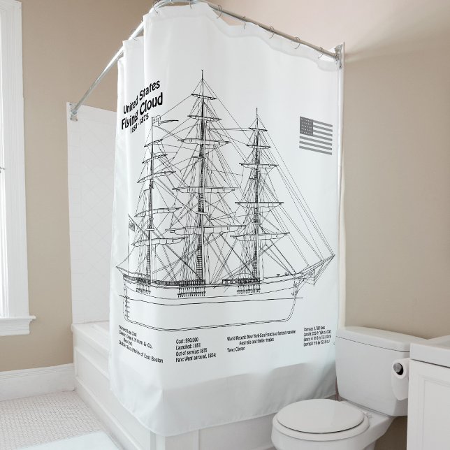Cortina De Ducha Barco Clipper Flying Cloud - Plano del barco BD (Clipper Ship Flying Cloud - Ship Blueprint BD. Shower Curtain)