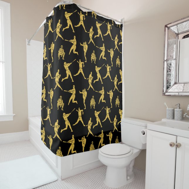 Cortina De Ducha Baseball Sports Batter Picture Gold Black Pattern (In situ)