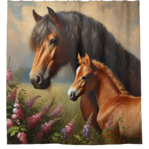 Cortina De Ducha Bay Mare con pintura de Foal Wildflowers