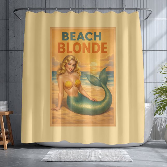 Cortina De Ducha Beach Blonde Pin-Up Mermaid | Yellow Retro Coastal (Subido por el creador)