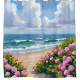 Cortina De Ducha Beach in Bloom | Pink Hydrangea Oceanside Coastal