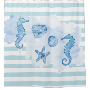 Cortina De Ducha Beach Seahors Sand Dollar Starfish Blue White