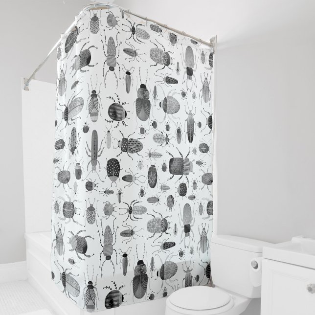 Cortina De Ducha Beetle Black & White (Black and white ink bugs and beetles art shower curtain)