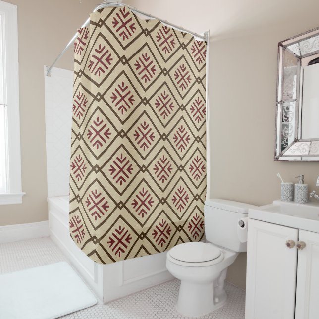 Cortina de ducha beige de inspiración tribal (In situ)