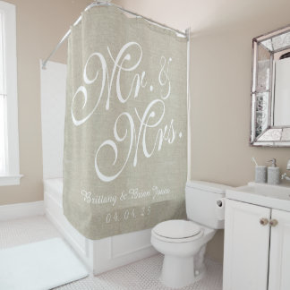 Cortina De Ducha Beige Linen Look Sr. y Sra. Names Date Boda