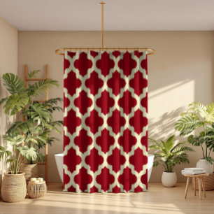 Cortina De Ducha Beige Quatrefoil Ikat Patrón Borgoña Fondo