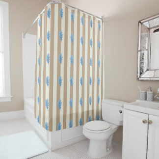 Cortina de Ducha Beige Raya Hojas Azules