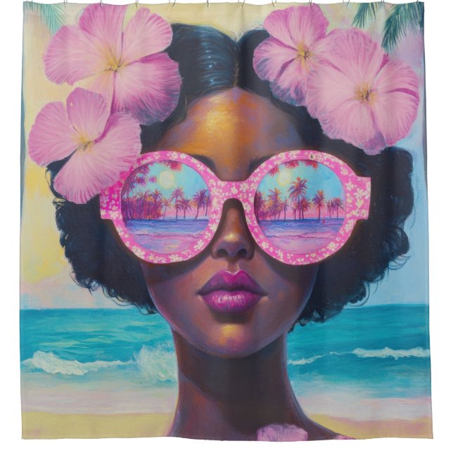 Cortina De Ducha Belleza tropical en tonos rosados (Anverso)