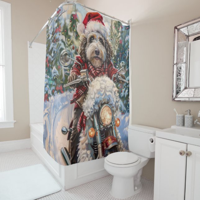 Cortina De Ducha Bernedoodle Dog Riding Motorcycle Christmas (In situ)