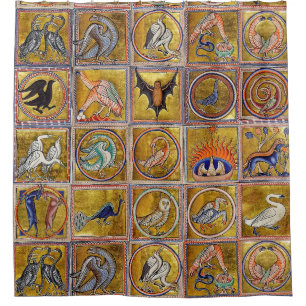 CORTINA DE DUCHA BESTIARIO MEDIEVAL, ANIMALES FANTÁSTICOS, AZUL ROJ