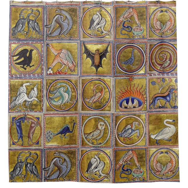 CORTINA DE DUCHA BESTIARIO MEDIEVAL, ANIMALES FANTÁSTICOS, AZUL ROJ (Anverso)