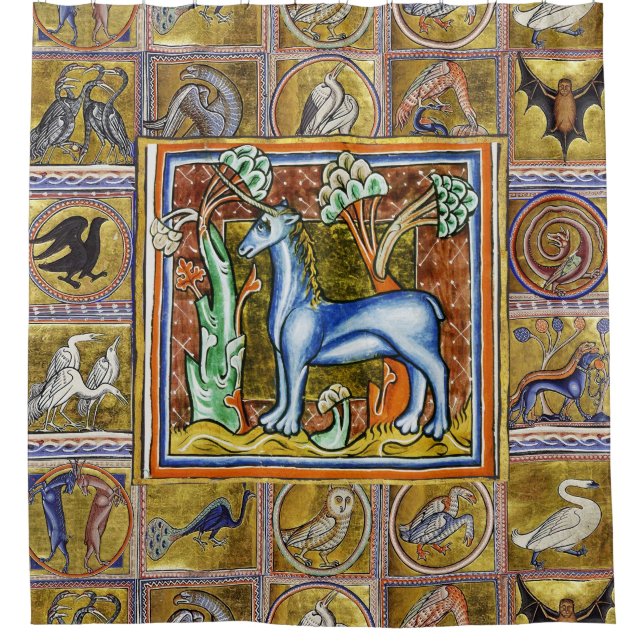 CORTINA DE DUCHA BESTIARIO MEDIEVAL, UNICORN, ANIMALES FANTÁSTICOS (Anverso)