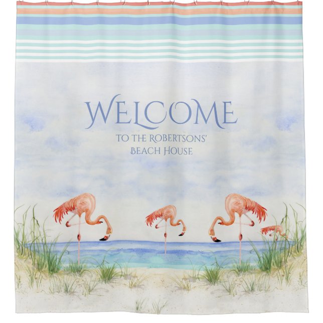 Cortina De Ducha Bienvenidos al Rótulo Beach House Flamingoes Ocean (Anverso)