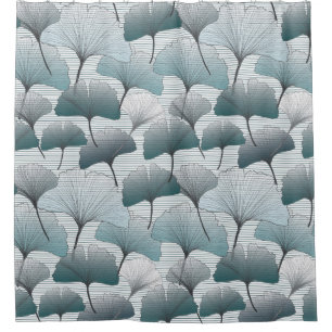 Cortina De Ducha Biloba de gingko, patrón azul transparente.