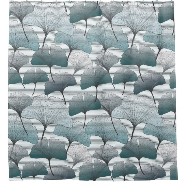 Cortina De Ducha Biloba de gingko, patrón azul transparente. (Anverso)