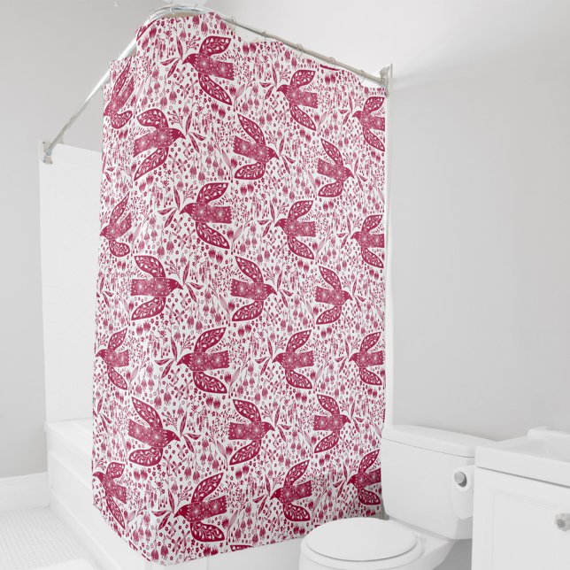 Cortina De Ducha Bird Art Red White (Magenta hot pink and white peace dove bird and flower pattern shower curtain)