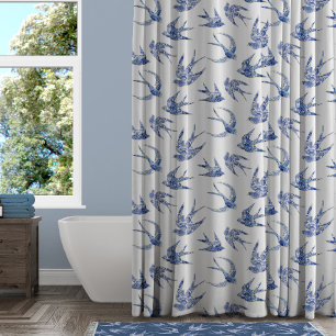 Cortina De Ducha Bird Swallow Floral Navy White Chinoiserie Vintage