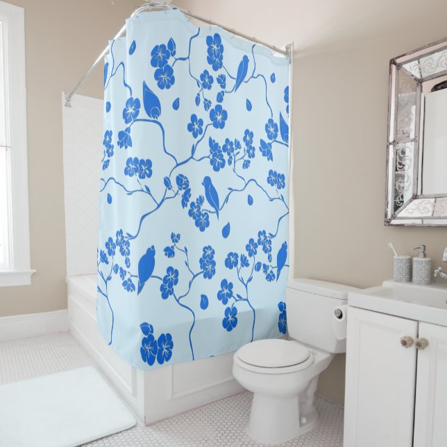 Cortina De Ducha Birds on Cherry Blossoms Blue on Blue (In situ)