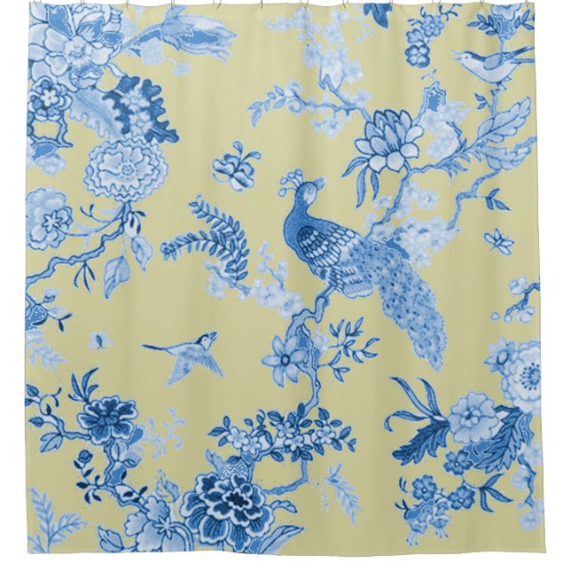 Cortina De Ducha Birds_Toile_Blue y mostaza (Anverso)