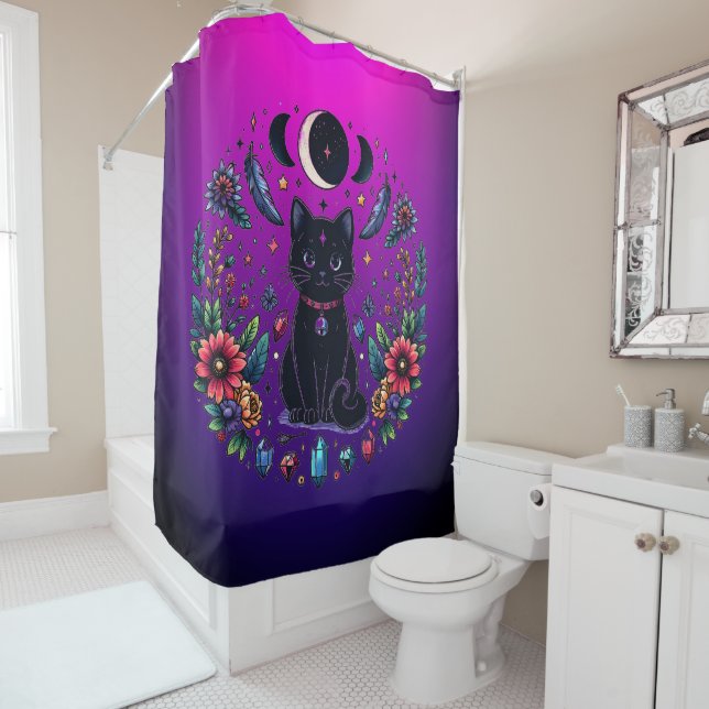 Cortina De Ducha Black Cat Celestial Mystical Purple Pink (In situ)