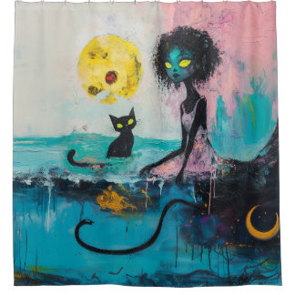 Cortina De Ducha Black Cat Moon Ocean Pink Magical Witchen Arte de 