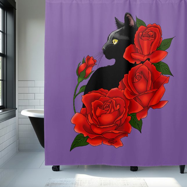 Cortina De Ducha Black Cat Roses Red Roses Purple (Subido por el creador)