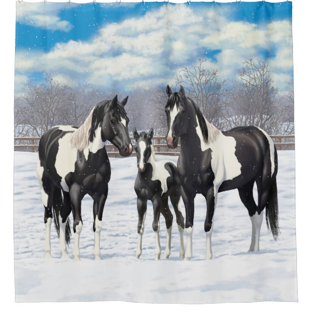 Cortina De Ducha Black Pinto Quarter Horse Pintando En Nieve (Anverso)
