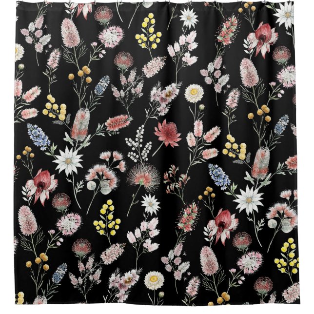 Cortina De Ducha Black Romantic Moody  Watercolor Wildflowers (Anverso)
