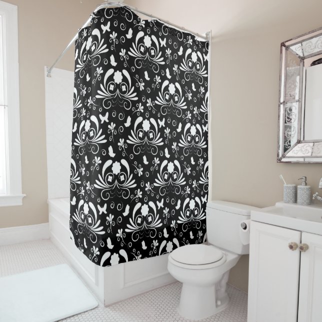 Cortina De Ducha Black White Damask Flourish Butterfly Pattern (In situ)