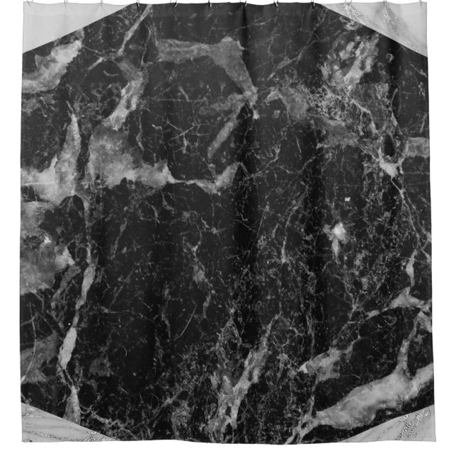 Cortina De Ducha Black White & Silver Marble Moderno Glam Trendy (Anverso)