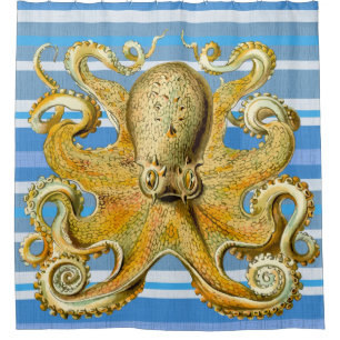 Cortina de ducha blanca azul de la raya del pulpo