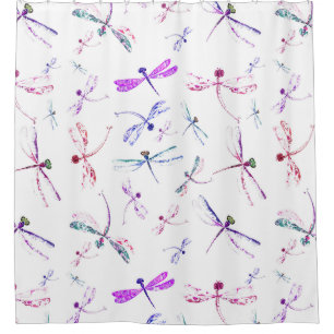Cortina De Ducha Blanco azul de la lavanda rosada de las libélulas