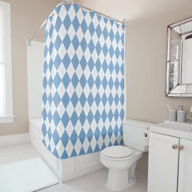 Cortina De Ducha Blue and White Argyle Diamond Geometric Pattern (In situ)