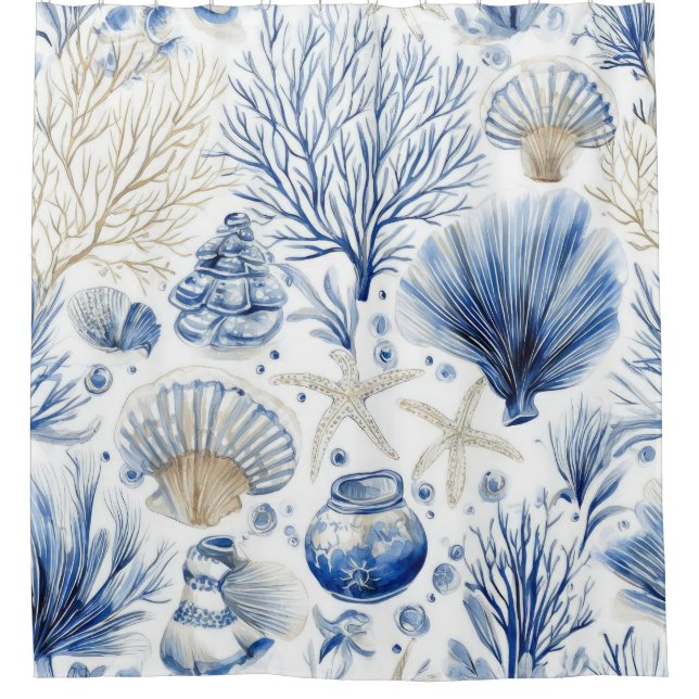 Cortina De Ducha Blue Coastal Toile Seashell Coral Pattern (2) (Anverso)